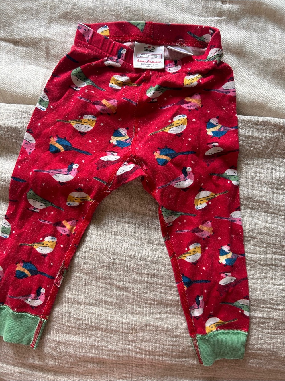 Hanna Andersson Red Bird Print Pajama Bottoms with Green Cuffs